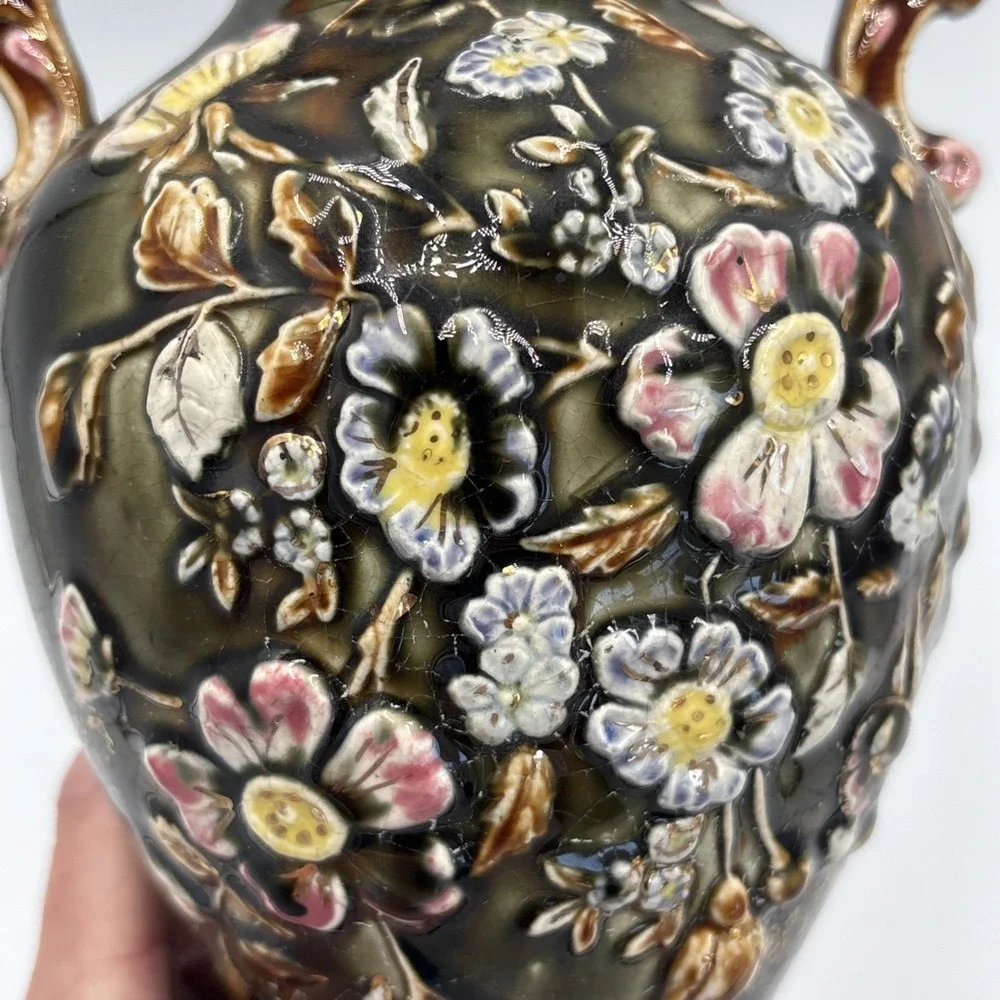 19th Century Eastern European Majolica Vase Raised Flowers 10
